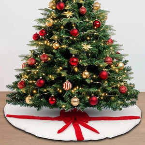 Jupe de sapin de Noël en peluche blanche avec nœud rouge pour décoration festive de maison