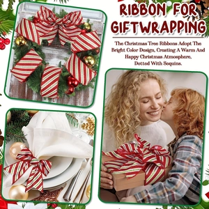 Red and white striped Christmas ribbon with green sequins for holiday DIY decor