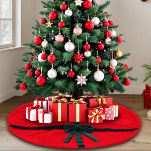 Jupe de sapin de Noël en peluche rouge avec nœud vert pour décoration de maison festive