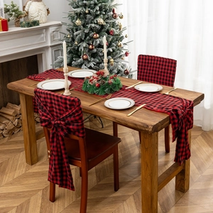 Christmas buffalo plaid table runner and chair covers set for festive dining room decor