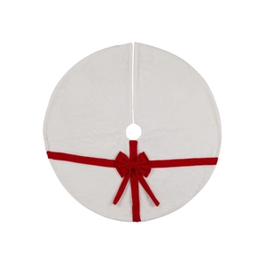 Jupe de sapin de Noël en peluche blanche avec bordure ruban rouge et nœud festif
