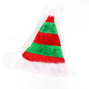 Chapeau de lutin de Noël à rayures rouges et vertes en peluche avec pompon et bordure blanche