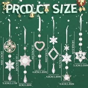 Size chart for 6 transparent acrylic Christmas snowflake pendants with diverse dimensions
