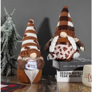 Coffee-themed gnomes with knitted hats and coffee cups for home window decoration