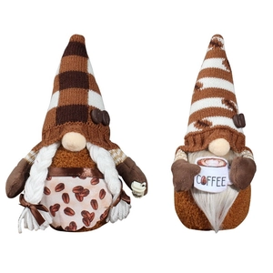 Pair of standing coffee themed gnomes with knit hats and plush decor for home decoration