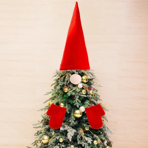Christmas gnome tree topper set with red velvet long hat and plush nose and gloves