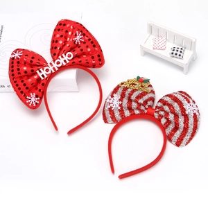 Sequin Christmas Bow Headband Festive Lettering Striped Bow Holiday Party Headband Women Girls Hair Accessory Decoration