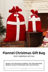 Close-up of red flocked Christmas candy bags with white pom-poms on a wooden box background