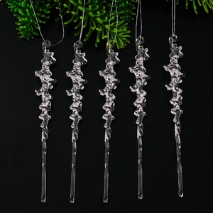 5-piece set of transparent acrylic Christmas icicle ornaments on festive pine branches