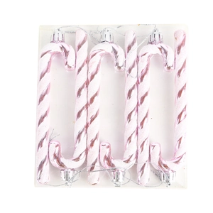 Set of six pink and white striped candy cane ornaments with silver hanging strings