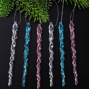 Acrylic Christmas icicle hanging ornaments in clear, blue and pink with pine branch decoration
