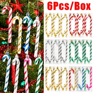 Set of 6 glitter candy cane Christmas tree ornaments with festive spiral patterns