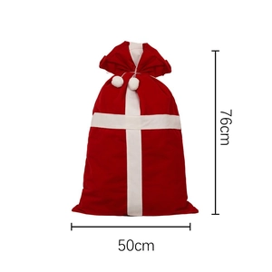 76x50cm Red velvet Santa gift bag with white pom-poms and drawstring closure for Christmas