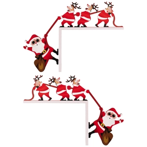 Christmas door corner decoration set featuring Santa Claus and reindeer wooden ornaments