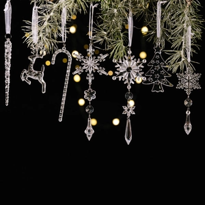 18pcs clear acrylic Christmas ornaments including snowflakes and elk on green pine branches