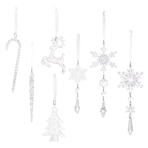 18PCS clear acrylic Christmas ornaments set featuring snowflakes, elk, and icicles