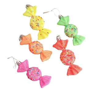 5-teiliges Set aus makaronfarbenem Christbaumschmuck in Bonbonform mit Glitzer