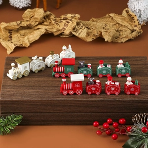 Three sets of miniature wooden Christmas train ornaments with snowman and tree figures