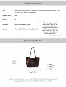Spécifications détaillées d'un grand sac cabas vintage en cuir PU marron avec mesures