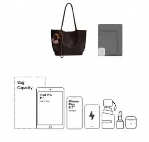 Grand sac cabas en cuir marron foncé montrant la capacité pour tablette et objets divers