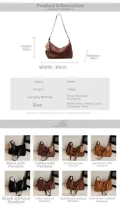 Detailed size chart for large suede hobo shoulder bag showing 35cm width and 23cm height