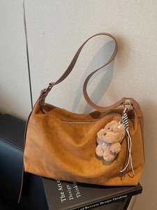 Brown suede hobo bag with teddy charm and brown PU leather strap for women