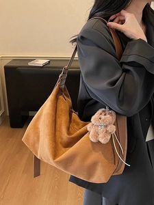 Brown faux suede large capacity shoulder tote bag with a cute bear keychain ornament