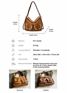 Detailed view of large vintage tote bag with dimensions 34x27x9.5cm and suede texture