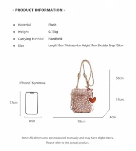 Vue détaillée du sac en peluche avec dimensions et iPhone 16 Pro Max pour l'échelle