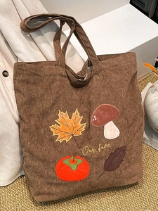 Corduroy Tote Bag Voor Dames Herfst Esdoornblad Paddestoel Borduurwerk Grote Capaciteit Schoudertas Vintage Handtas