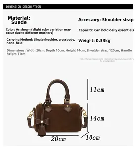Size chart showing brown suede pillow bag dimensions 20x10x14cm with strap length