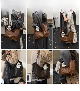 Detailed views of vintage large tote bag with retro pleated texture and side buckle