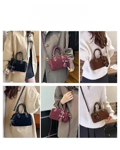 Three colors of retro suede pillow bags shown in hand-carried and crossbody styles