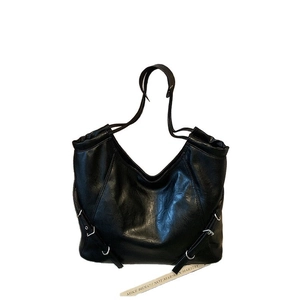 Retro large capacity black tote bag with silver metal buckles and long shoulder straps