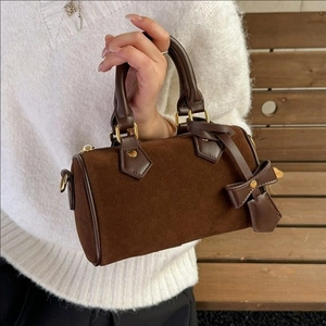 Vintage Suede Texture Boston Bag For Women Minimalist Cylinder Shoulder Bag Retro Bowknot Handbag Daily Commute Crossbody Bag