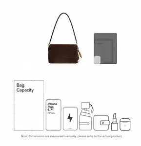 Detailed view of dark coffee suede bag capacity showing 6.7 inch phone and daily items