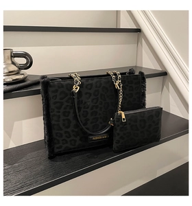 Detailed view of leopard print tote bag with faux fur trim and gold metal chain strap