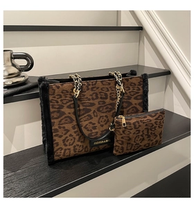 Detail of leopard print tote bag with faux fur trim, chain strap, and matching coin purse