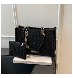 Detail of black leopard print tote with faux fur trim and gold chain strap set