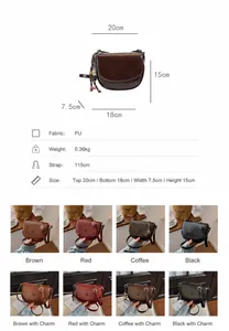 Guía de tallas para bolso bandolera de piel PU con medidas y detalles técnicos