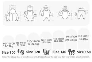 Detailed size chart for kids cotton long sleeve shirts showing height and weight guides