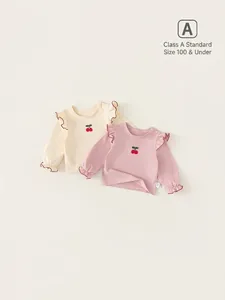 Baby Girl Cotton Long Sleeve T-Shirt Cherry Embroidery Sweet Ruffle Shoulder Button Infant Toddler Round Neck Breathable Top