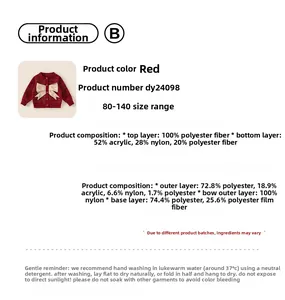 Dettaglio del cardigan in maglia rossa con fiocco e tabella taglie per abbigliamento