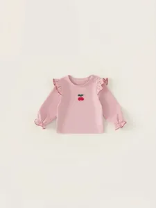 Pink cotton long sleeve t-shirt for girls with cherry embroidery and ruffled shoulders