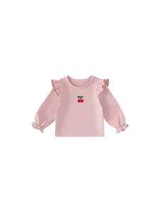 Pink cotton girls long-sleeve T-shirt with cherry embroidery and ruffle trim details