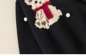 Detailed close-up of a knitted sweater featuring a 3D polar bear with a red scarf