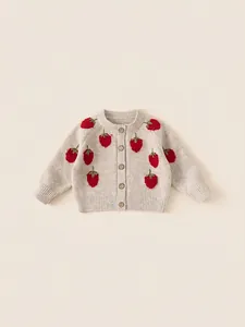 Schattig Gebreid Vest voor Baby Meisjes Aardbeien Borduursel V-hals Single Breasted Trui Jas Voor Peuters Kinderen