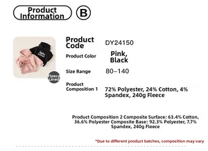 Detailed size chart and specifications for girls fleece hoodies in pink and black colors