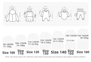 Detailed size guide for children's knit sweaters and apparel covering 90 to 160 cm heights