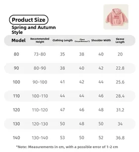 Detailed size guide for girls' pink hooded sweatshirt including height and length measurements